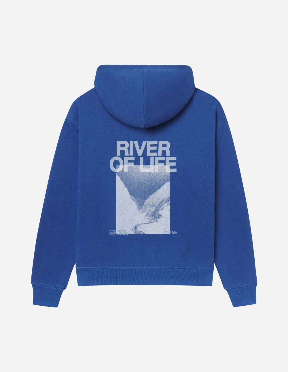 Unisex blue pullover hoodie with back River of Life text and bird graphic