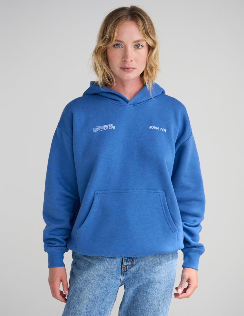 Blue unisex pullover hoodie with hood and front pocket, chest logo text.