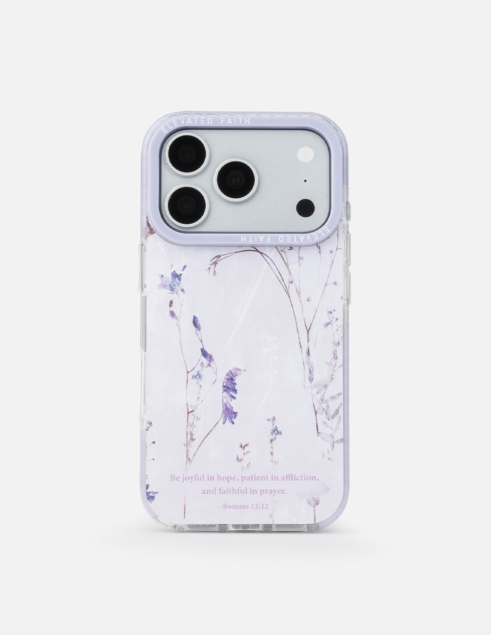 Transparent-look purple floral phone case with lavender trim and readable quote