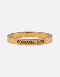 Gold ring with “ROMANS 3:23” engraved on the band