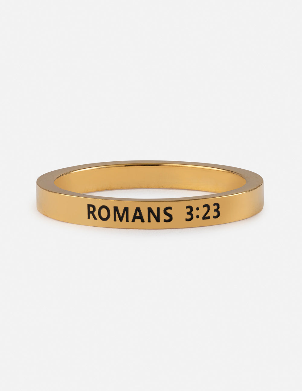 Gold ring with “ROMANS 3:23” engraved on the band