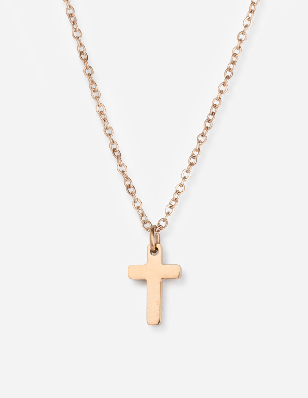 Rose gold cross necklace with rectangular cross pendant on link chain