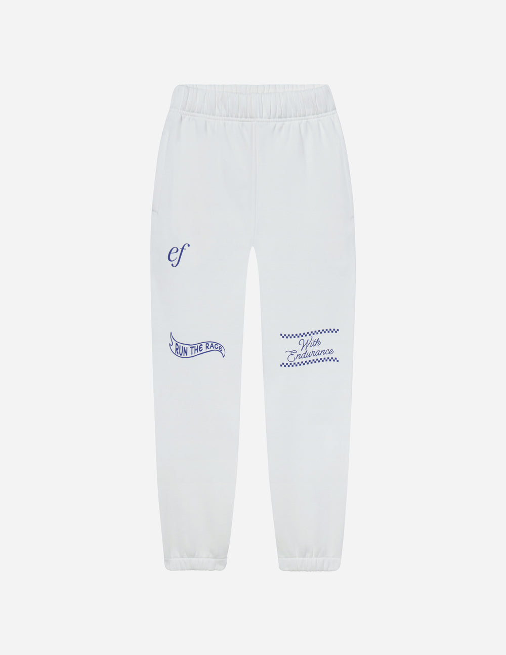 White sweatpants with blue logo embroidery on left thigh and right thigh
