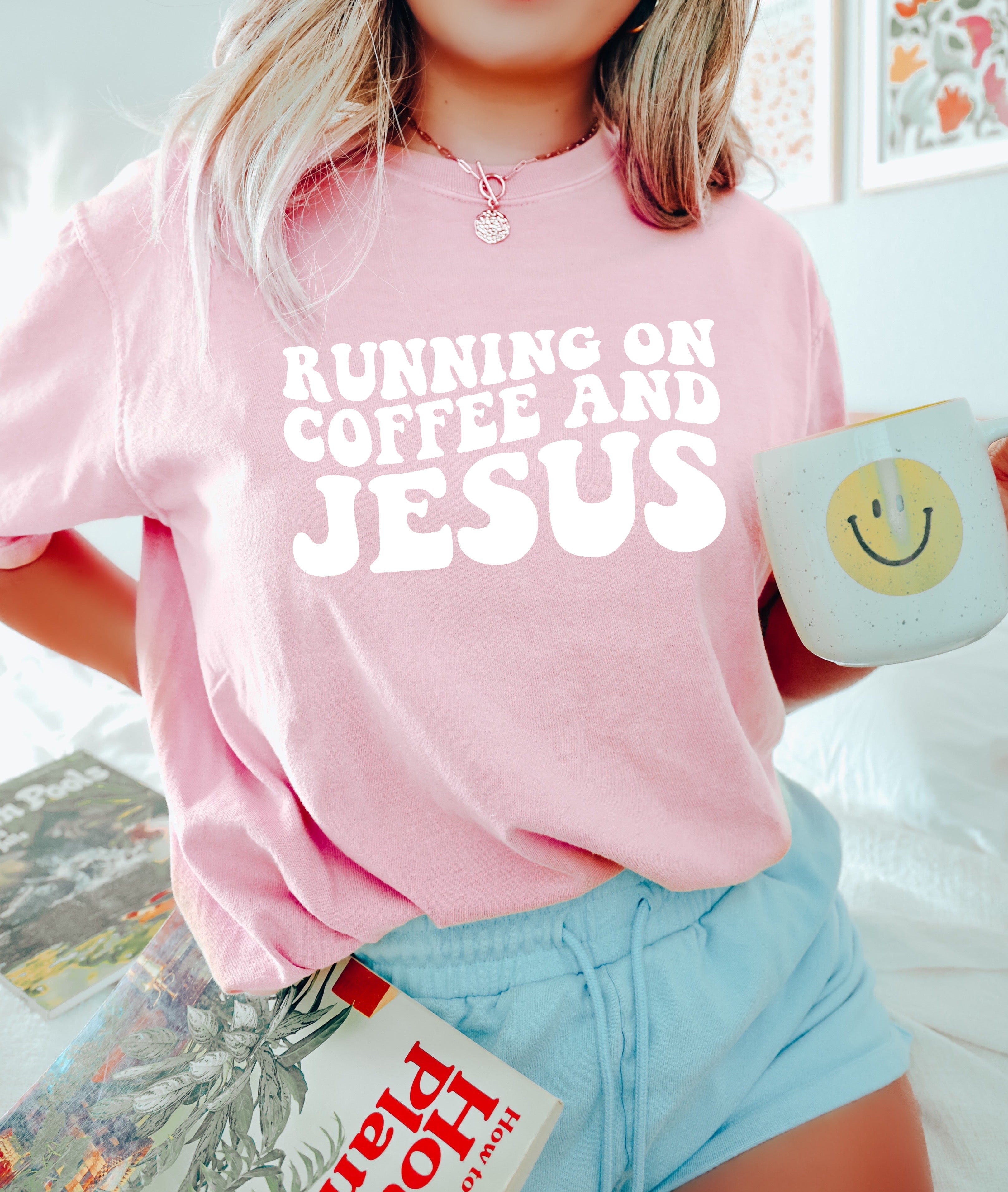 Pink Christian T-shirt with “RUNNING ON COFFEE AND JESUS” screen print