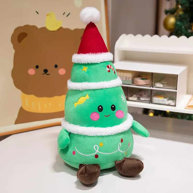 Christmas tree plush toy with green layers, cute face, and brown feet