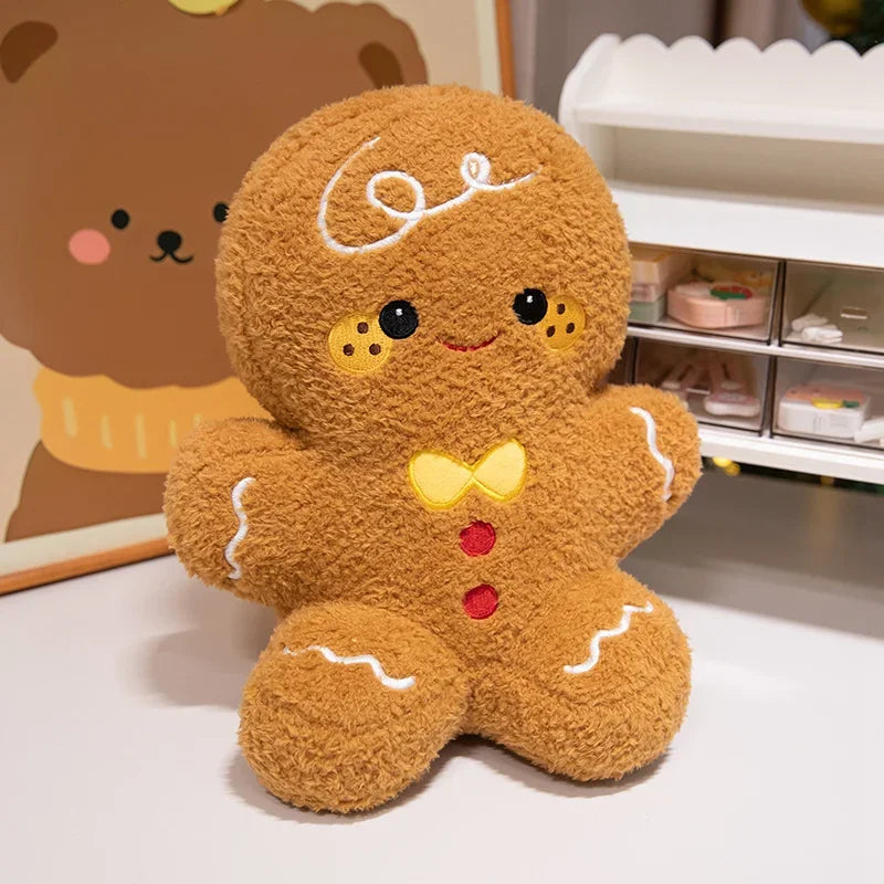 Gingerbread man plush toy, smiling brown plush with bow and button details
