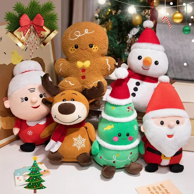 Set of Christmas plush toys: Santa, snowman, elk, gingerbread, and tree