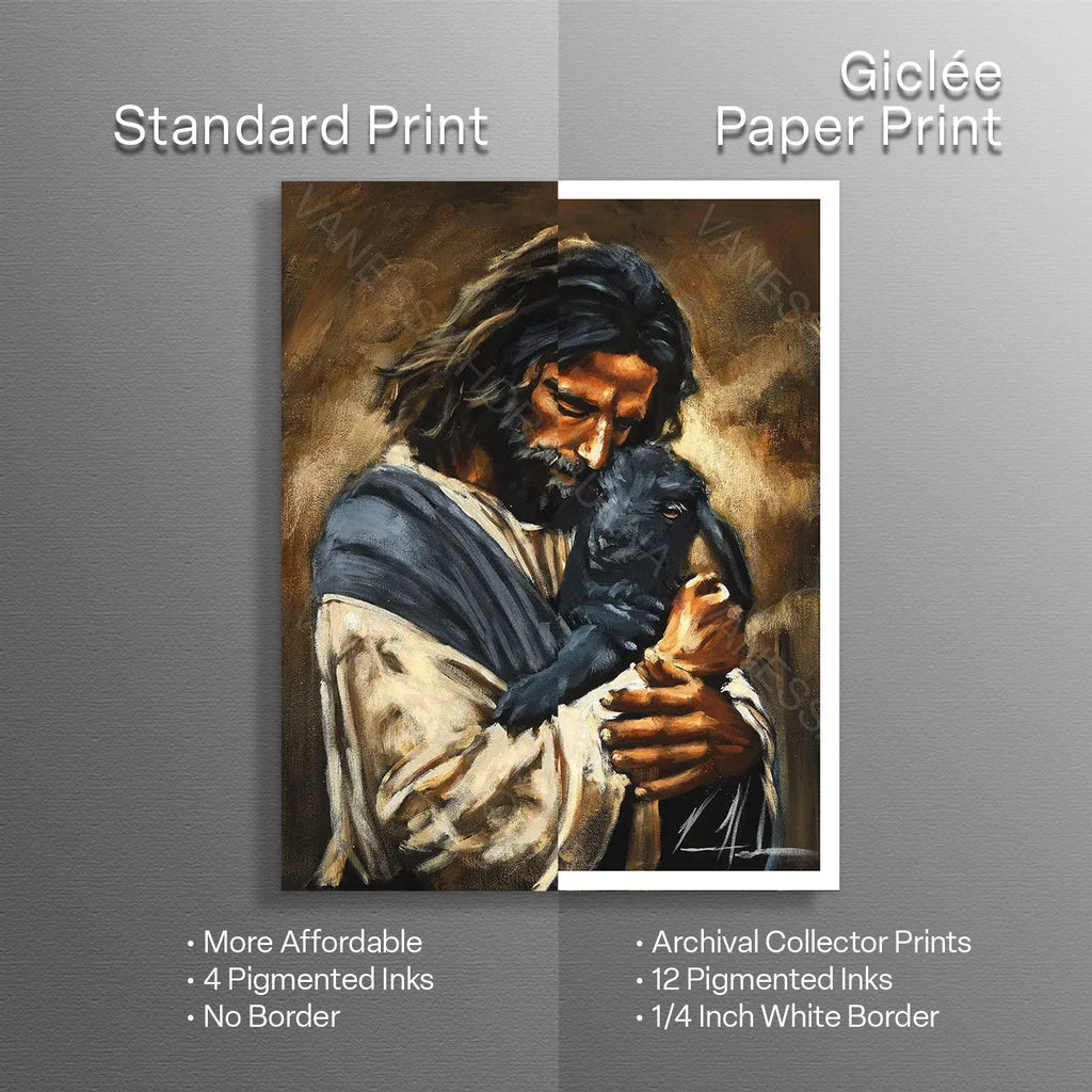 Art print shown upright: man holding a black dog, warm brown painterly style