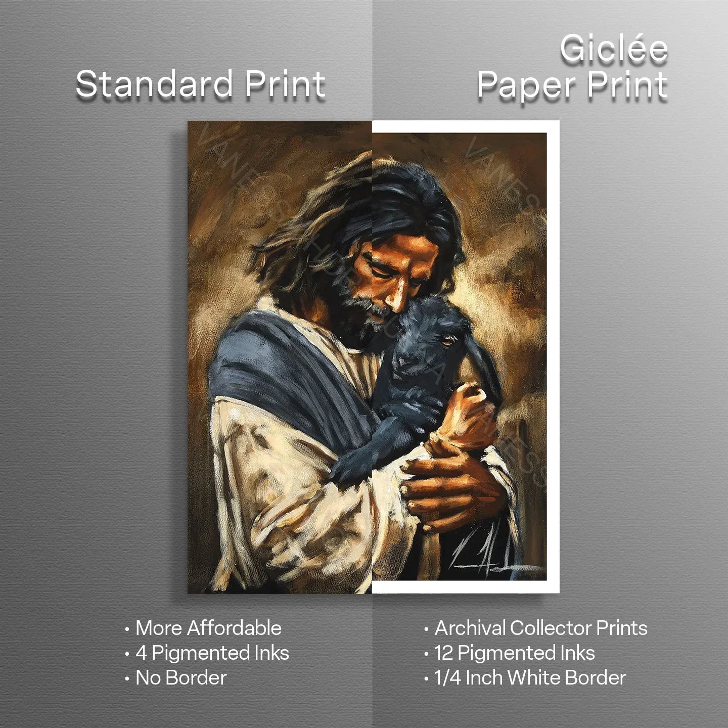 Art print shown upright: man holding a black dog, warm brown painterly style
