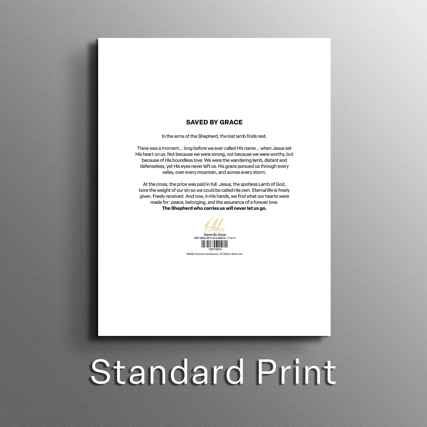 Back of standard art print with centered label and small barcode
