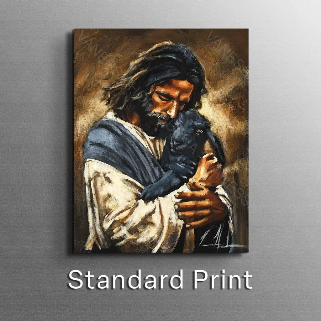 Framed art print of a man holding a black dog, warm brown and gold tones