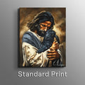 Framed art print of a man holding a black dog, warm brown and gold tones