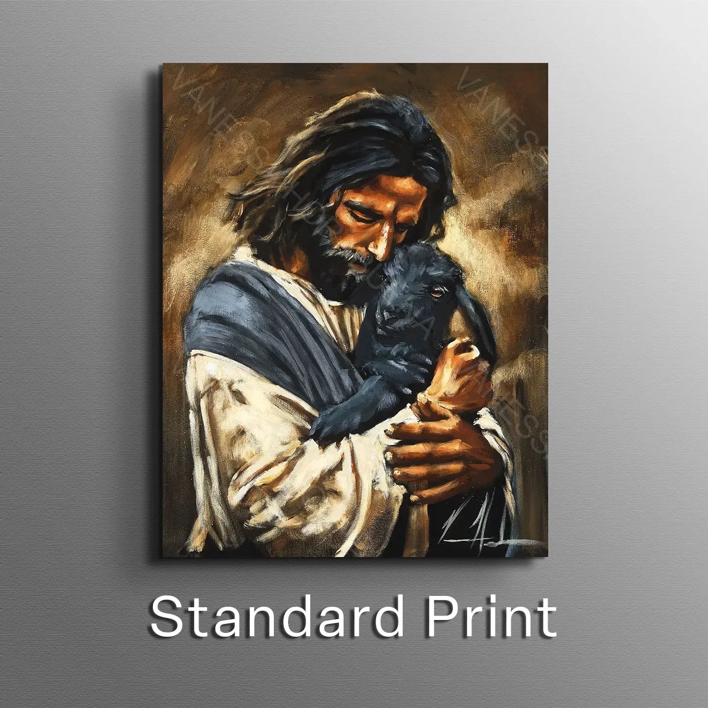 Framed art print of a man holding a black dog, warm brown and gold tones