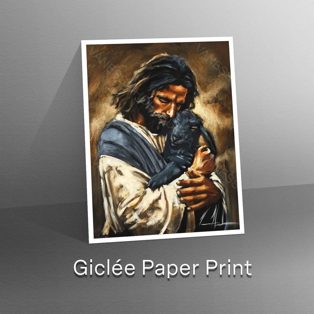 Paper art print with white border showing a man holding a black dog