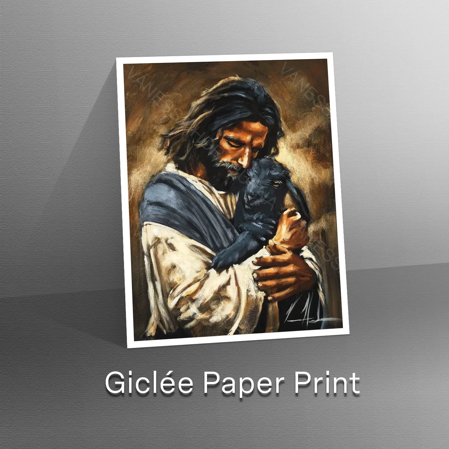 Paper art print with white border showing a man holding a black dog