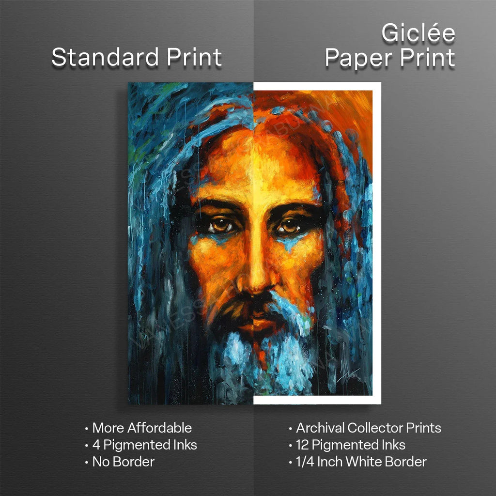Portrait print of a bearded man in blue and orange with print detail labels