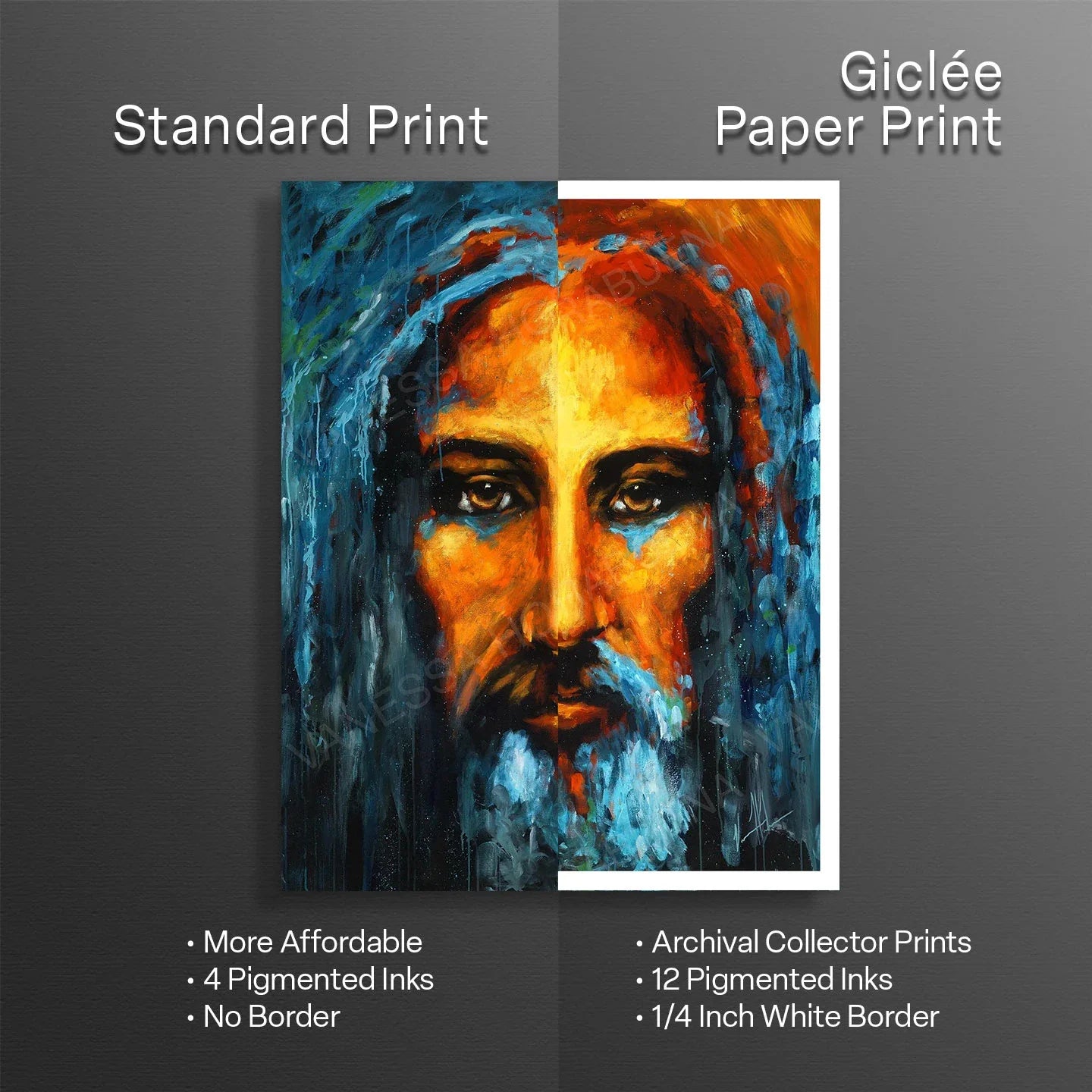 Portrait print of a bearded man in blue and orange with print detail labels