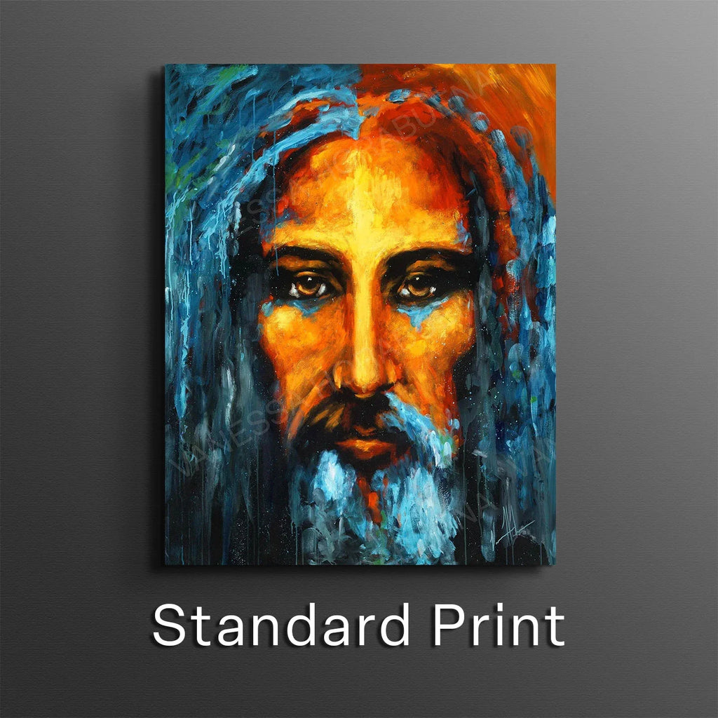 Framed portrait print of a bearded man in blue and orange