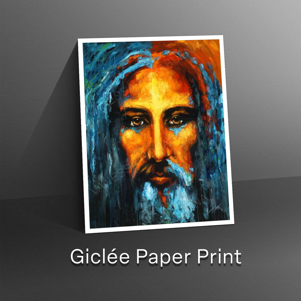 Framed portrait print with white border of a bearded man in blue and orange