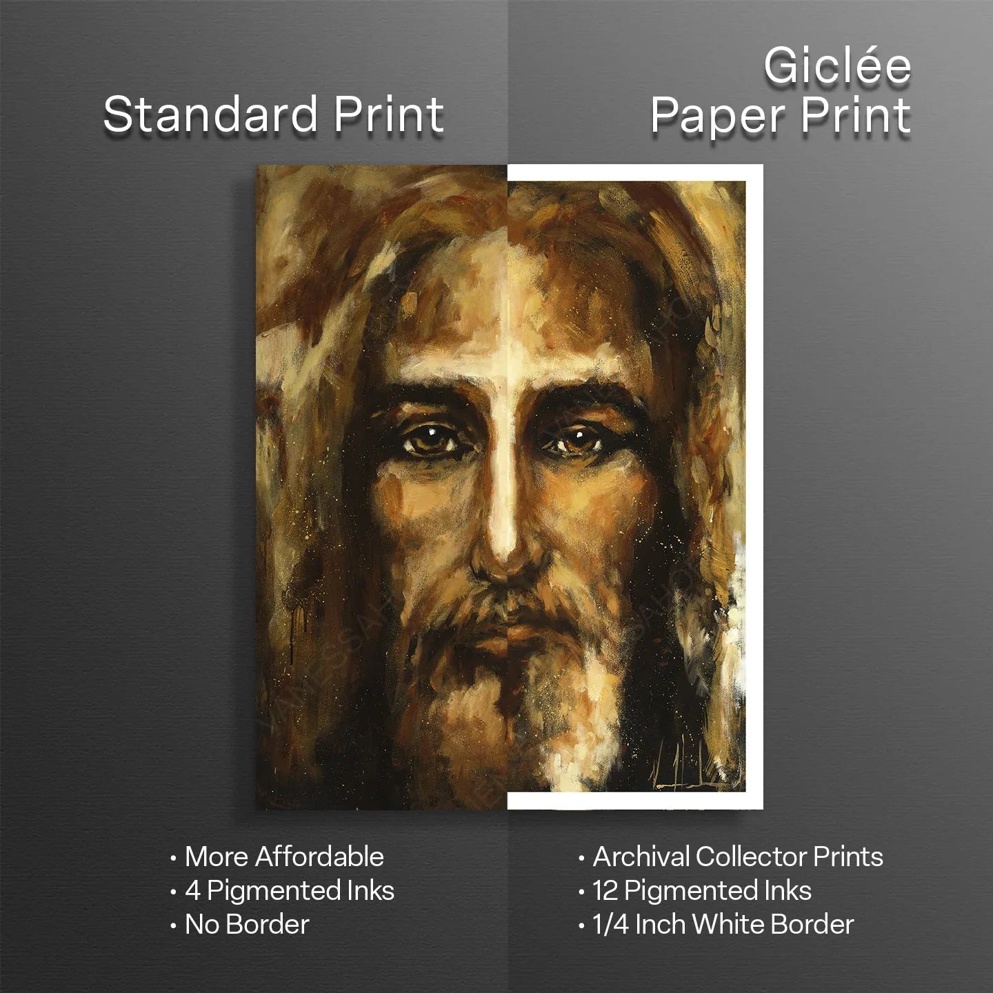Portrait print of a bearded man with glowing cross-like light centered on his forehead