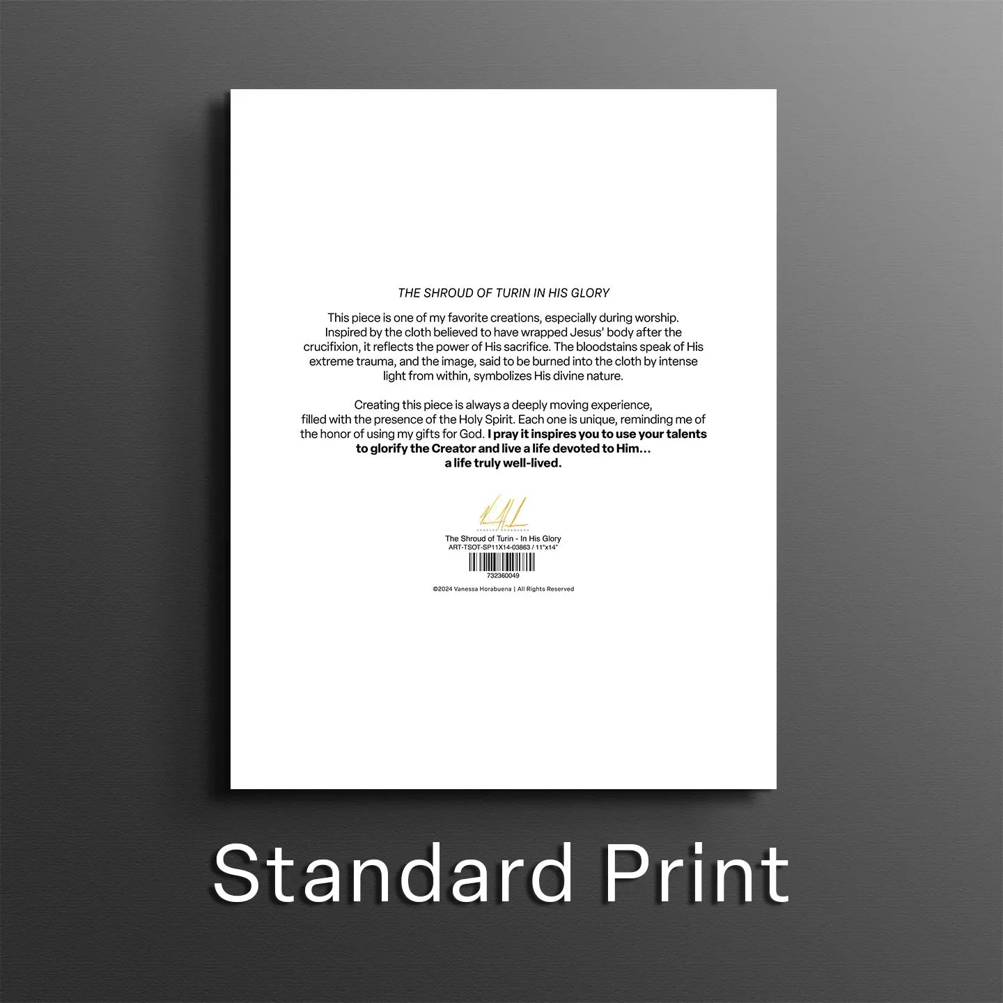 Art print back sheet with centered text block and barcode