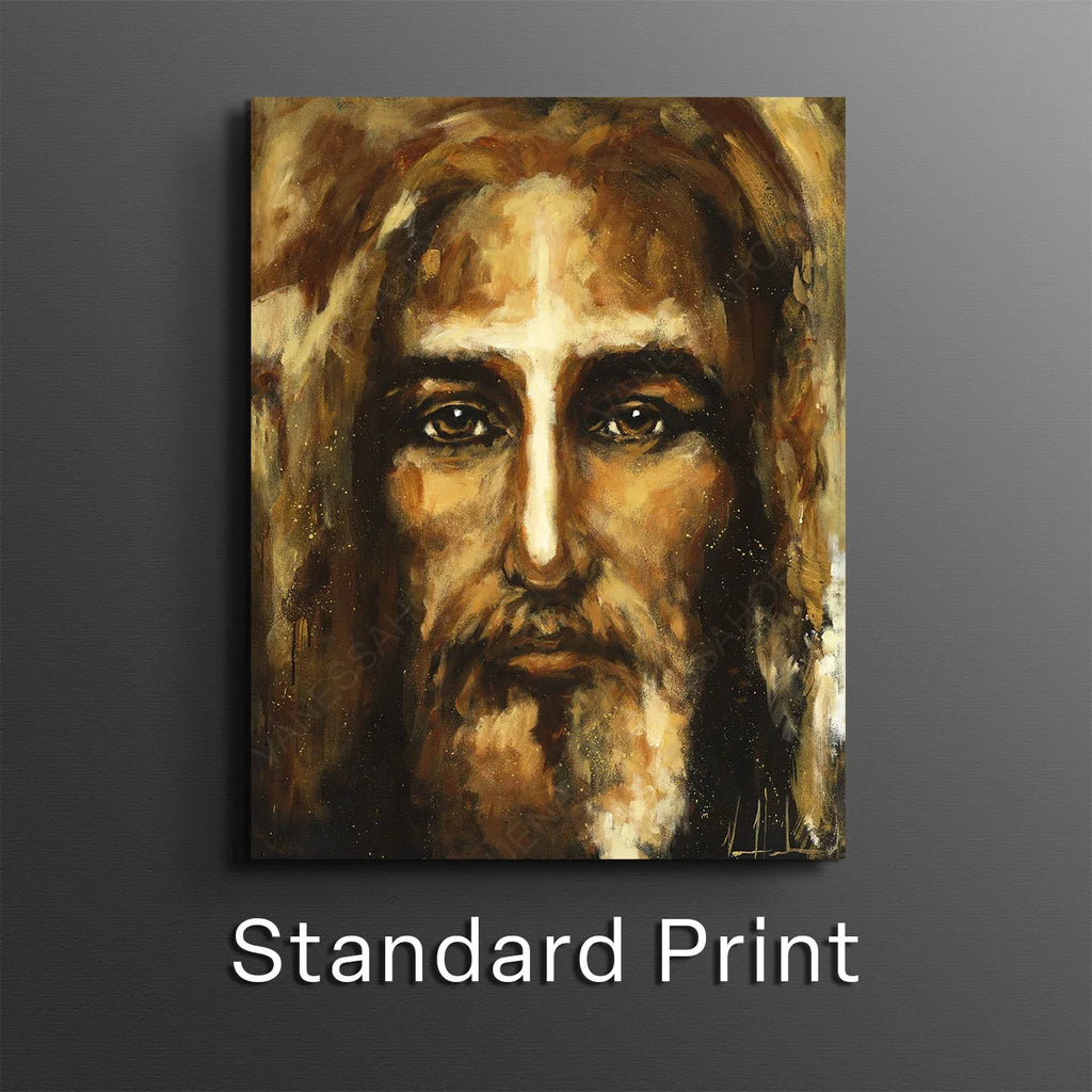 Framed portrait print of a bearded man with a glowing cross-like light on his forehead