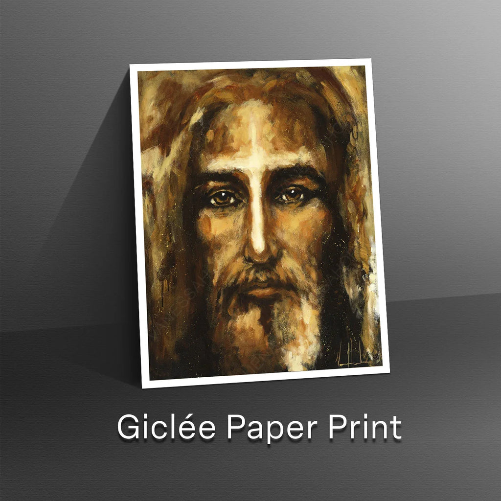 Framed paper portrait print of a bearded man with a glowing cross-like light on his forehead