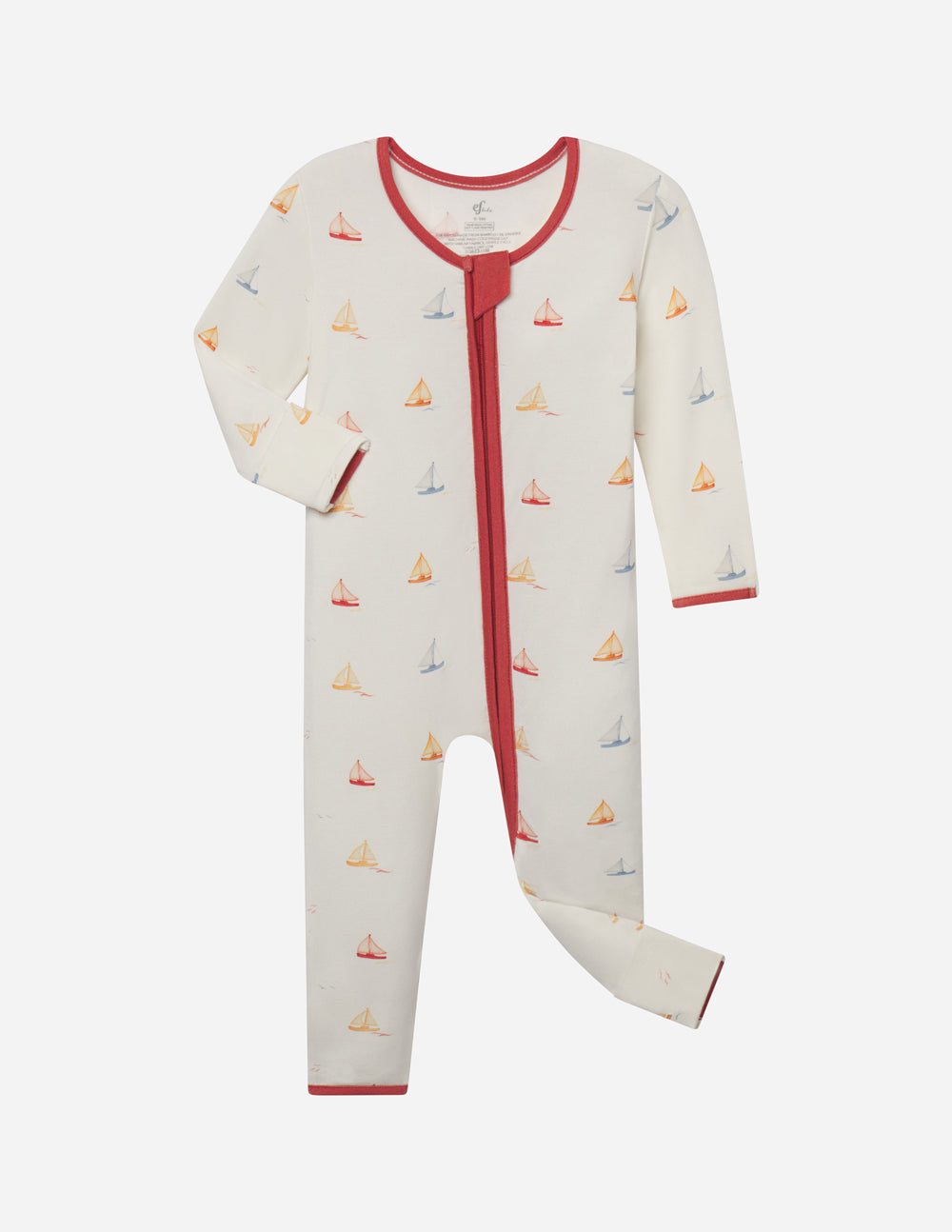 Convertible footed onesie, cream with sailboat prints and red zip-front, long sleeve cuffs
