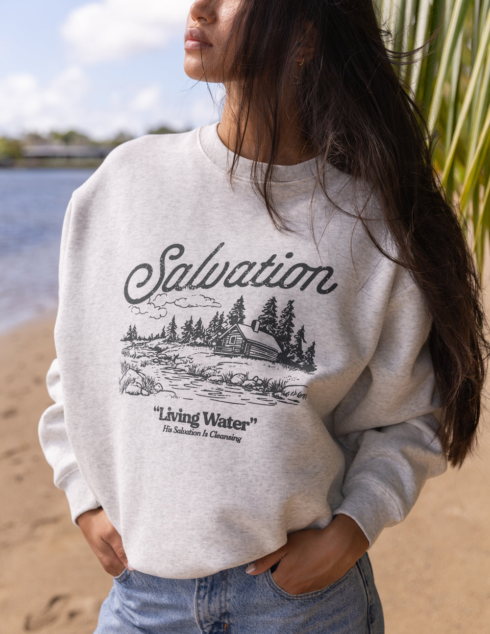 Heather gray unisex crewneck sweatshirt with Salvation front graphic