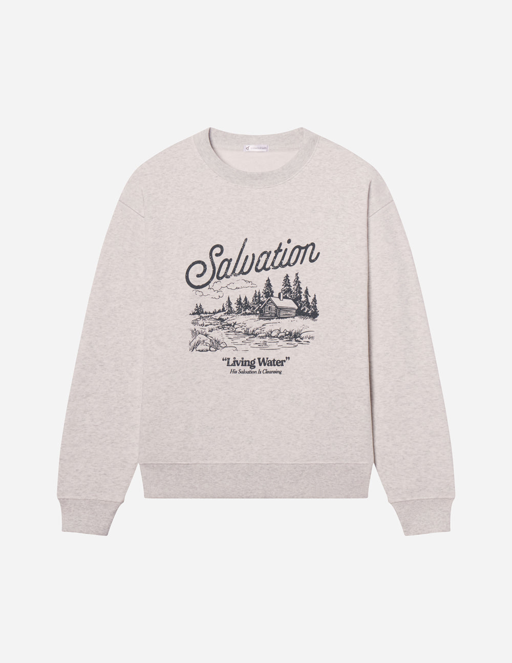 Unisex crewneck sweatshirt in light heather gray, front graphic with script and landscape