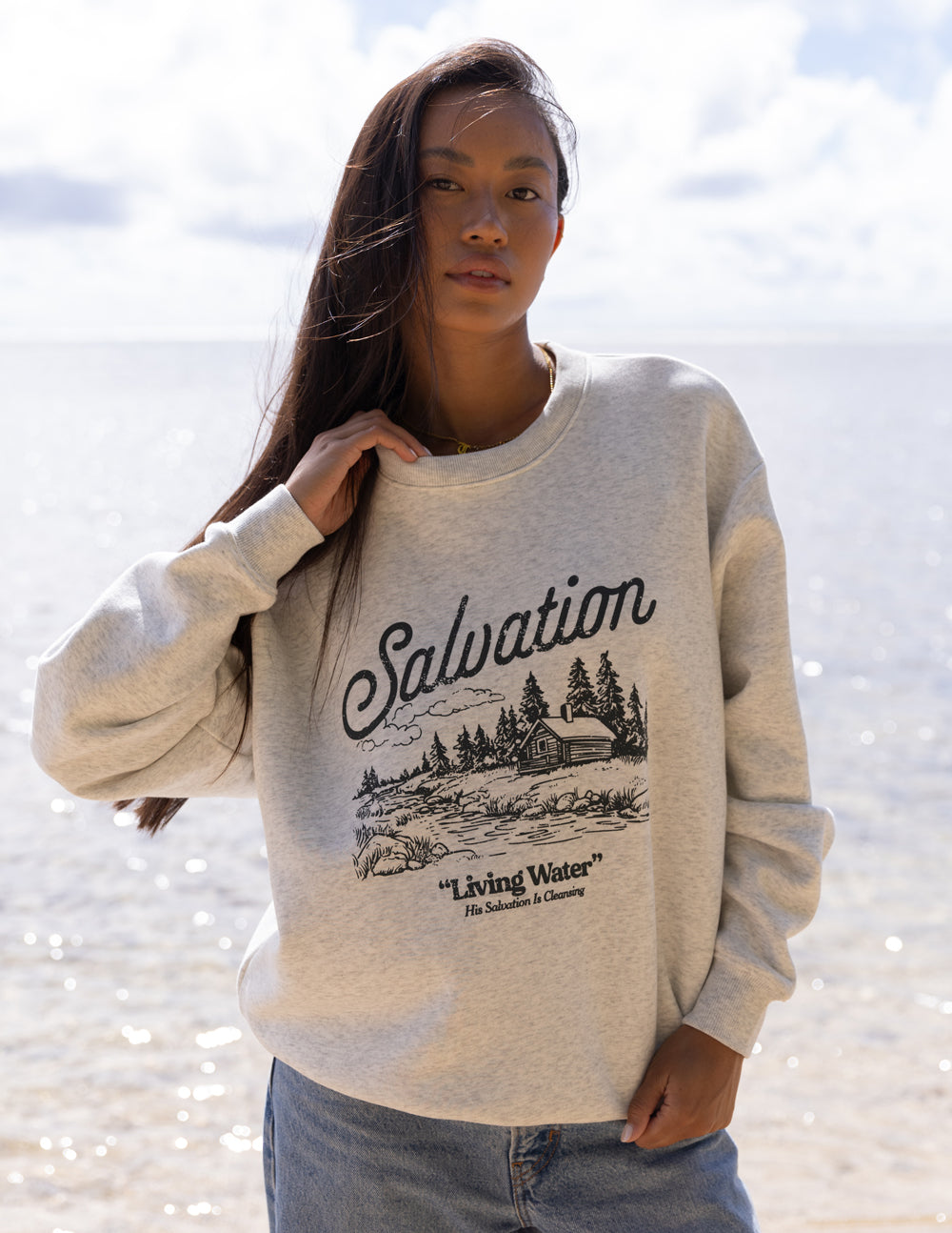 Heather gray crewneck sweatshirt with Salvation landscape “Living Water” graphic