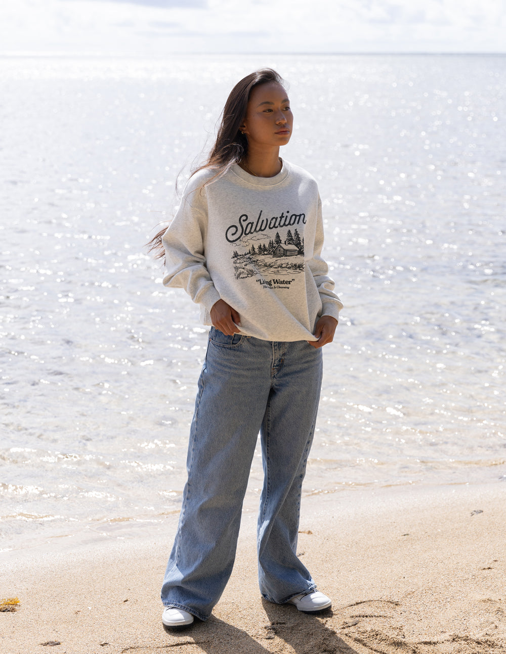 Heather gray unisex crewneck sweatshirt with Salvation front print