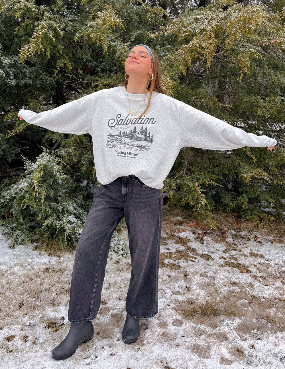 Heather gray sweatshirt with Salvation front logo, worn with long sleeves