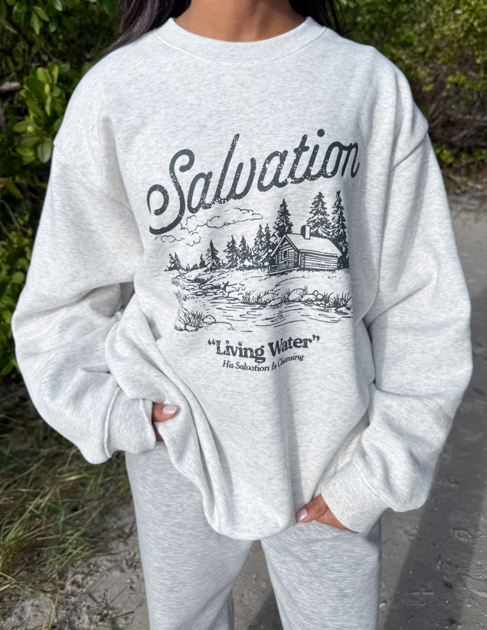 Heather gray crewneck sweatshirt with Salvation front landscape “Living Water” print