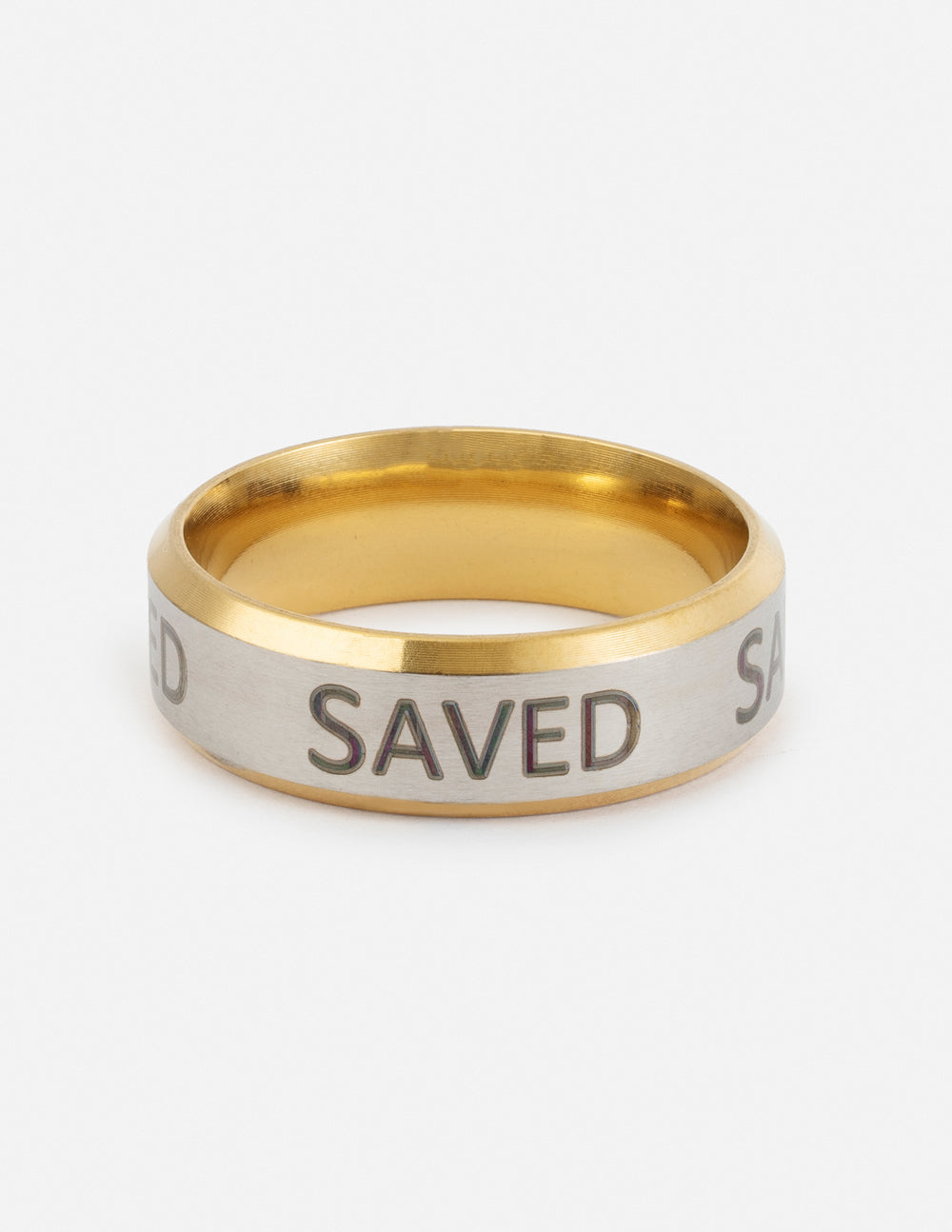 Gold ring with 'SAVED' engraving, wide band with polished finish