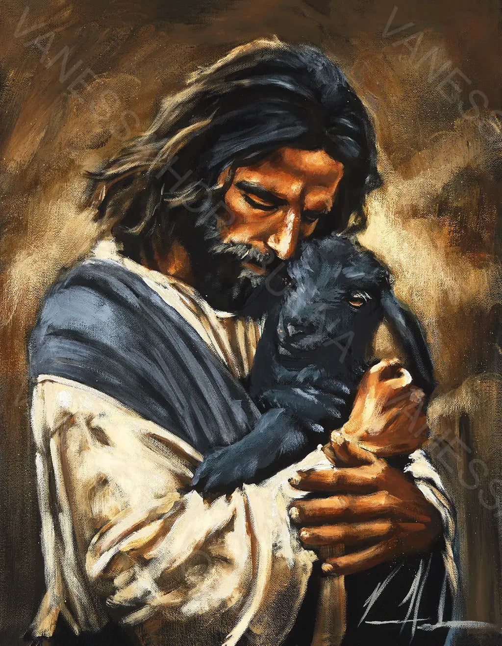 Close-up art print of a man cradling a black dog, warm brown background tones