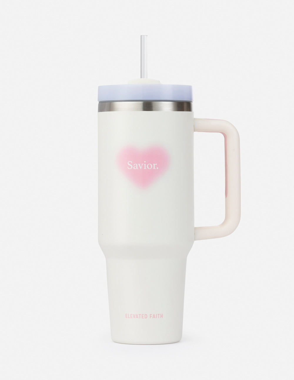 White 40 oz tumbler with pink heart logo, silver lid, and clear straw