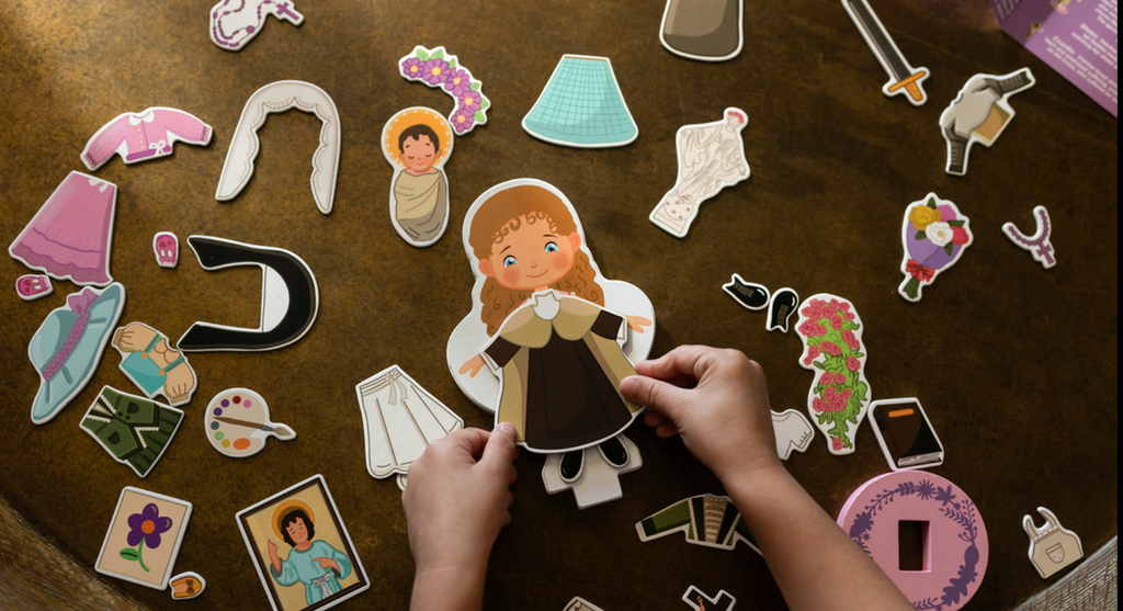 Magnetic wooden dress-up doll set with doll figure and assorted outfit pieces