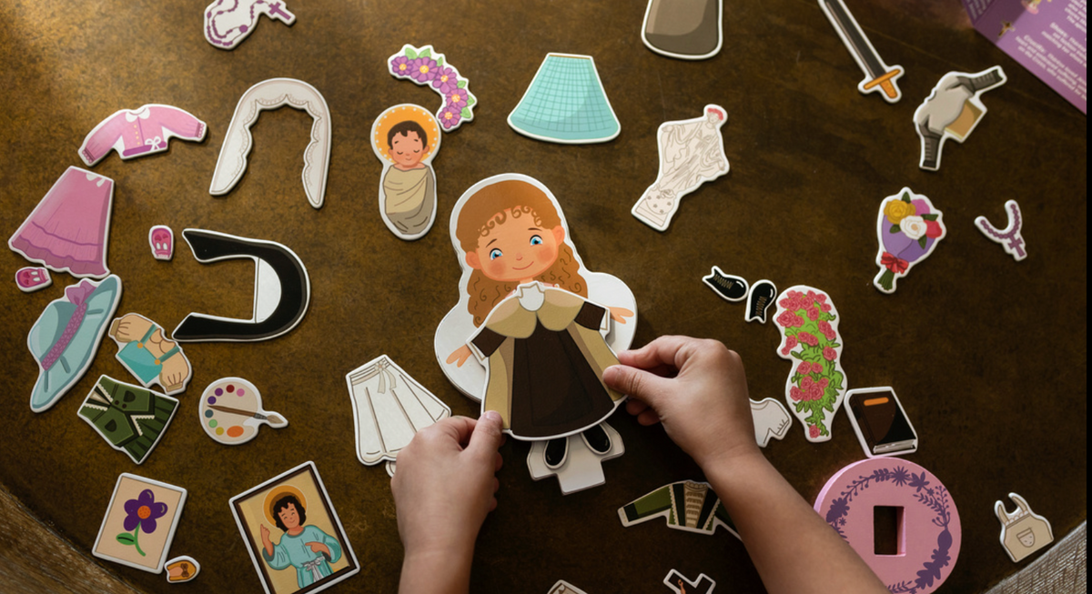 Magnetic wooden dress-up doll set with doll figure and assorted outfit pieces