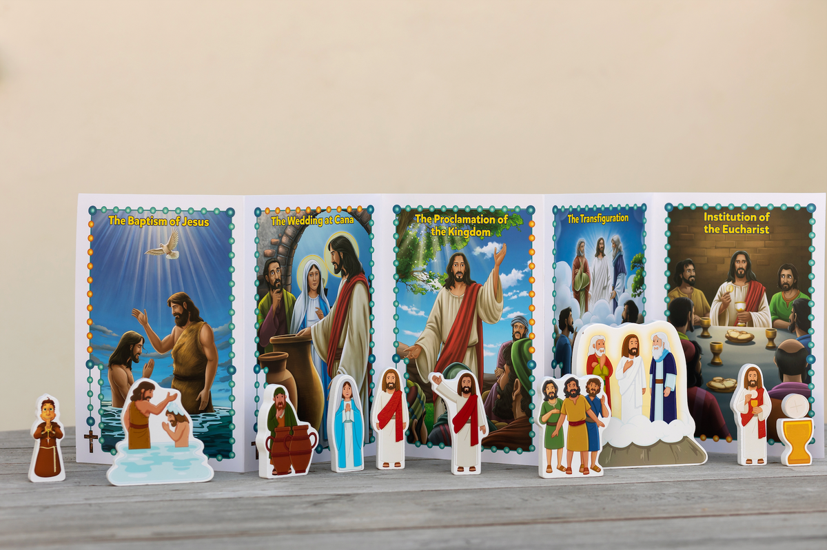 Illustrated religious card panels with dining and other scenes plus standing figurine pieces