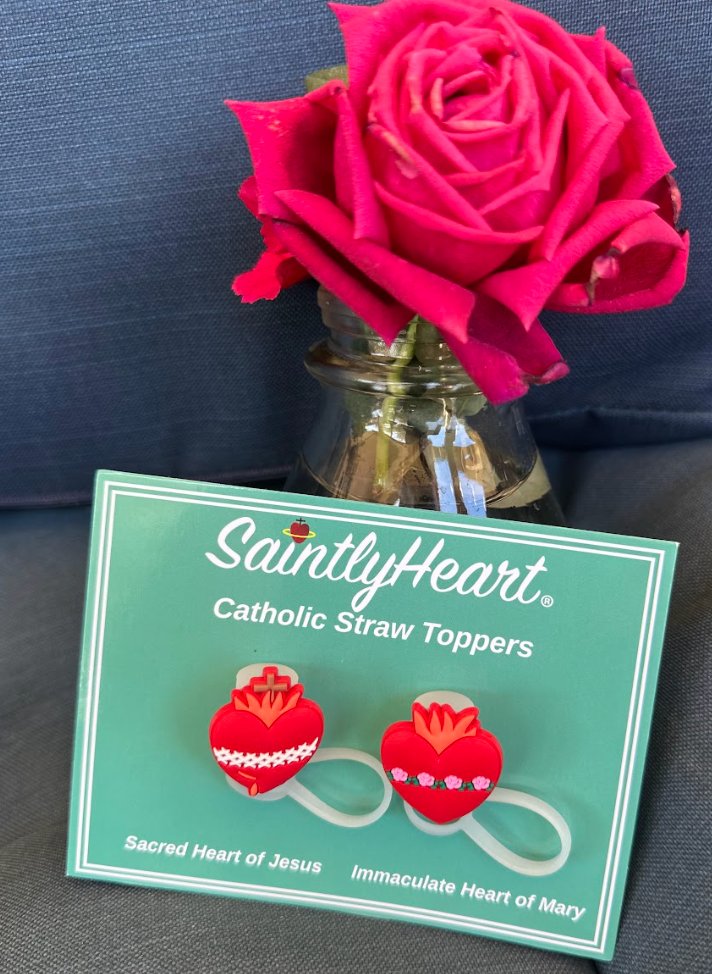 Catholic straw topper packaging card with two red heart toppers and ribbon-like loops