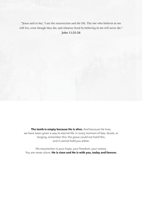 Easter greeting card inside with biblical verses and paragraph text.