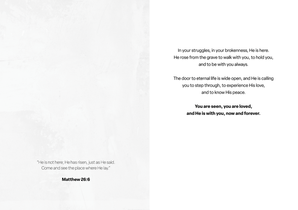 Easter greeting card inside with scripture verse and reference “Matthew 26:6”.