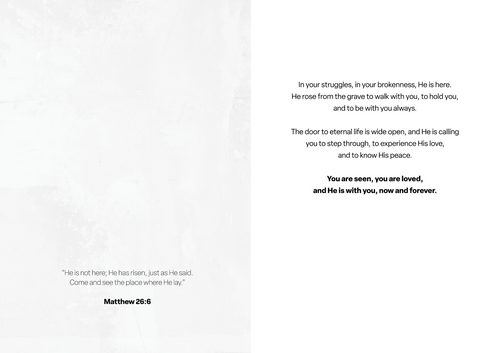 Easter greeting card inside with scripture verse and reference “Matthew 26:6”.