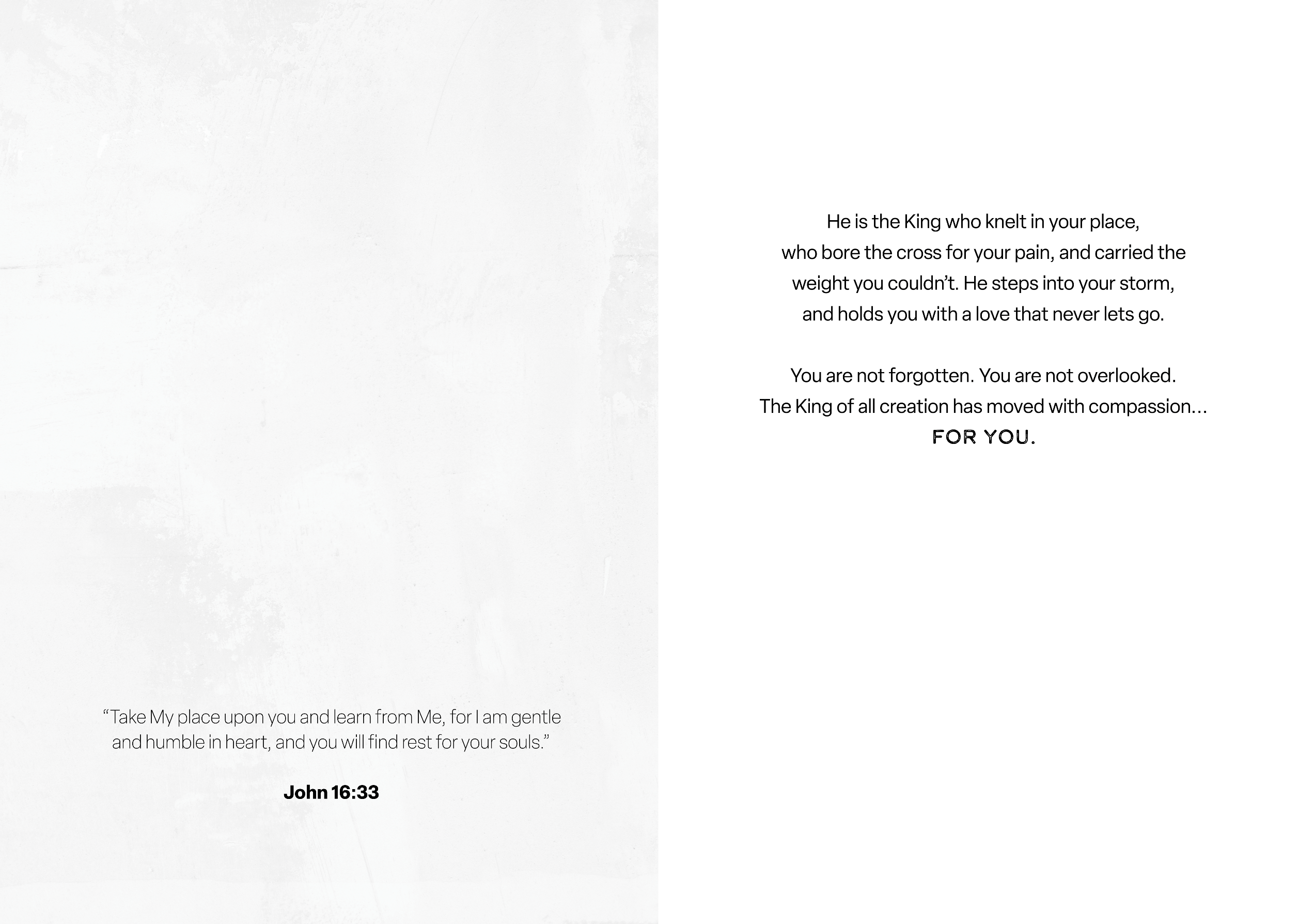 Easter greeting card back with printed devotional message and John 16:33 verse