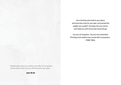 Easter greeting card back with printed devotional message and John 16:33 verse