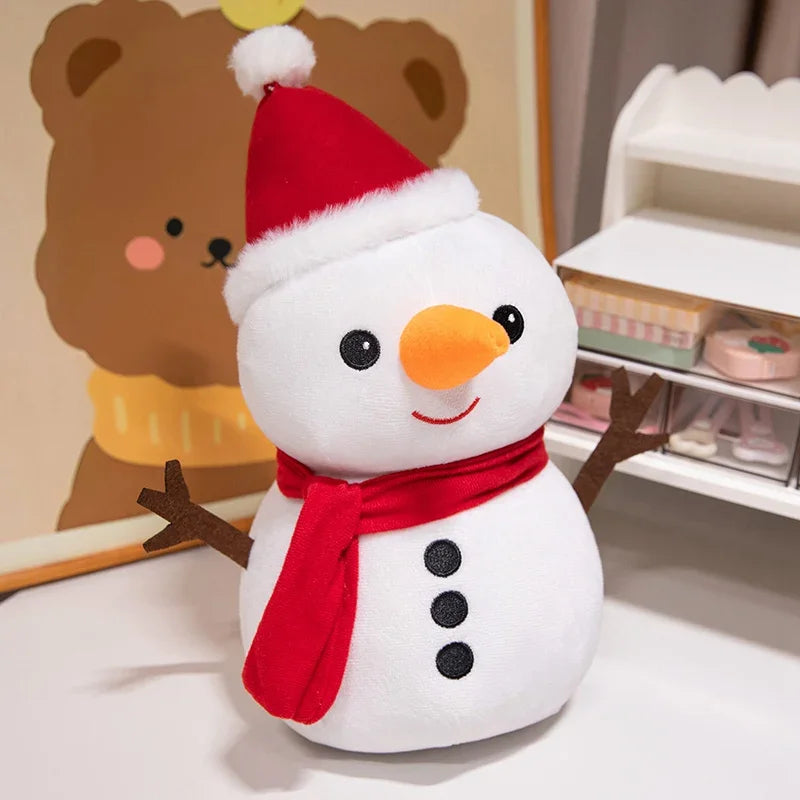 Snowman plush toy with red scarf and white knit hat