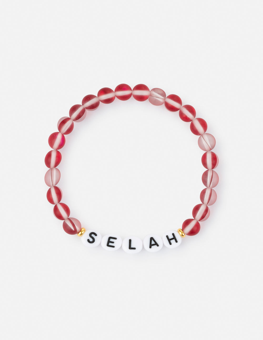 Selah letter bracelet with red and translucent bead strand and "SELAH" letter beads