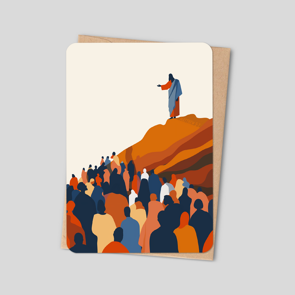 Christian greeting card with crowd and Jesus illustration on cream front, brown backing