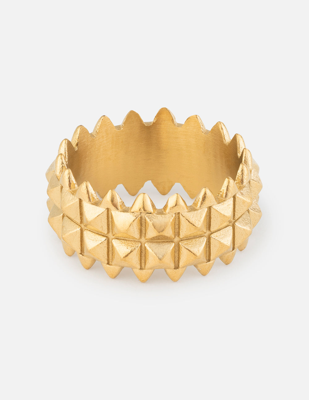Gold-tone shield-style ring with raised diamond and scalloped edges